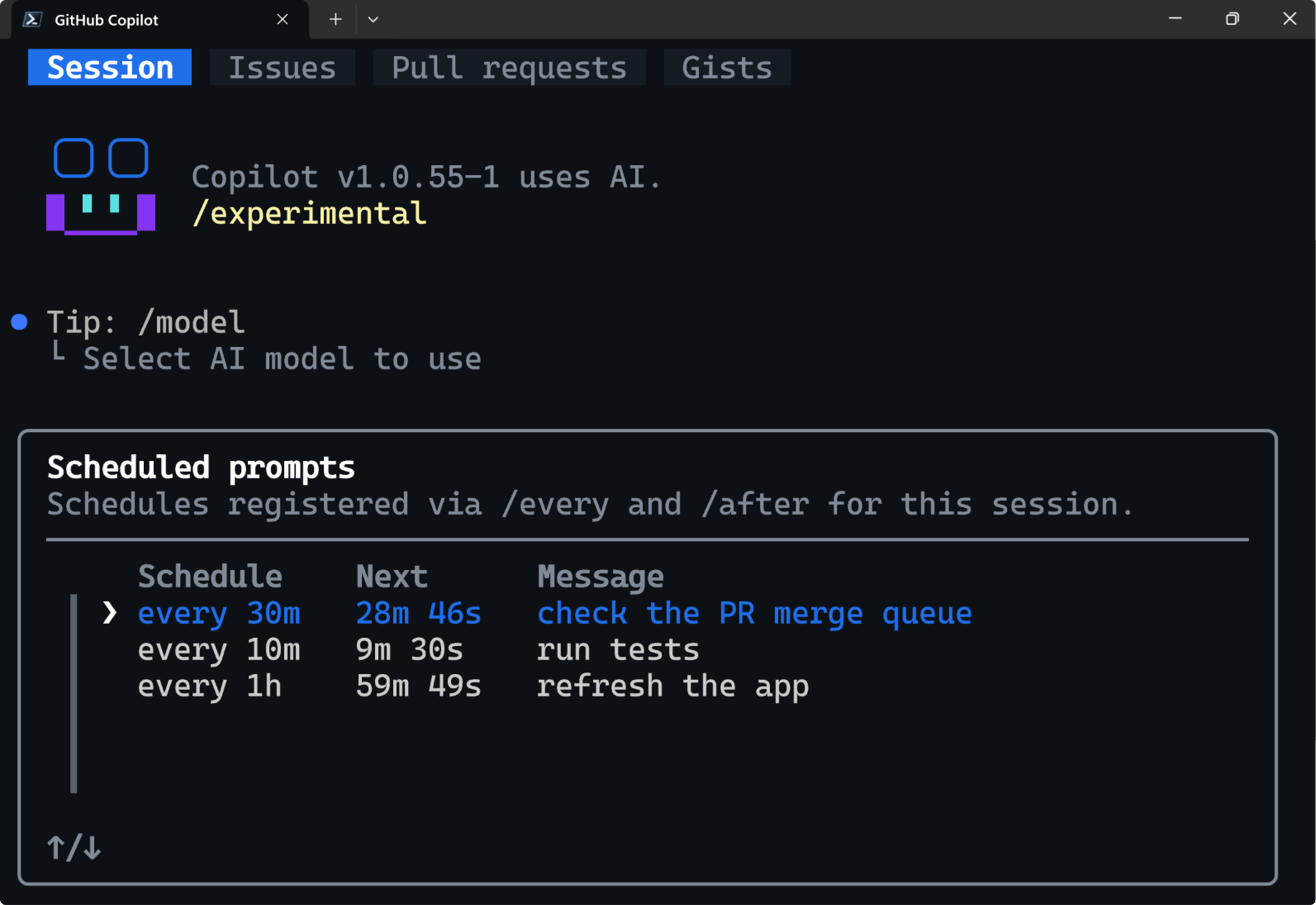 A screenshot depicting the scheduled prompt managed shown after running /every