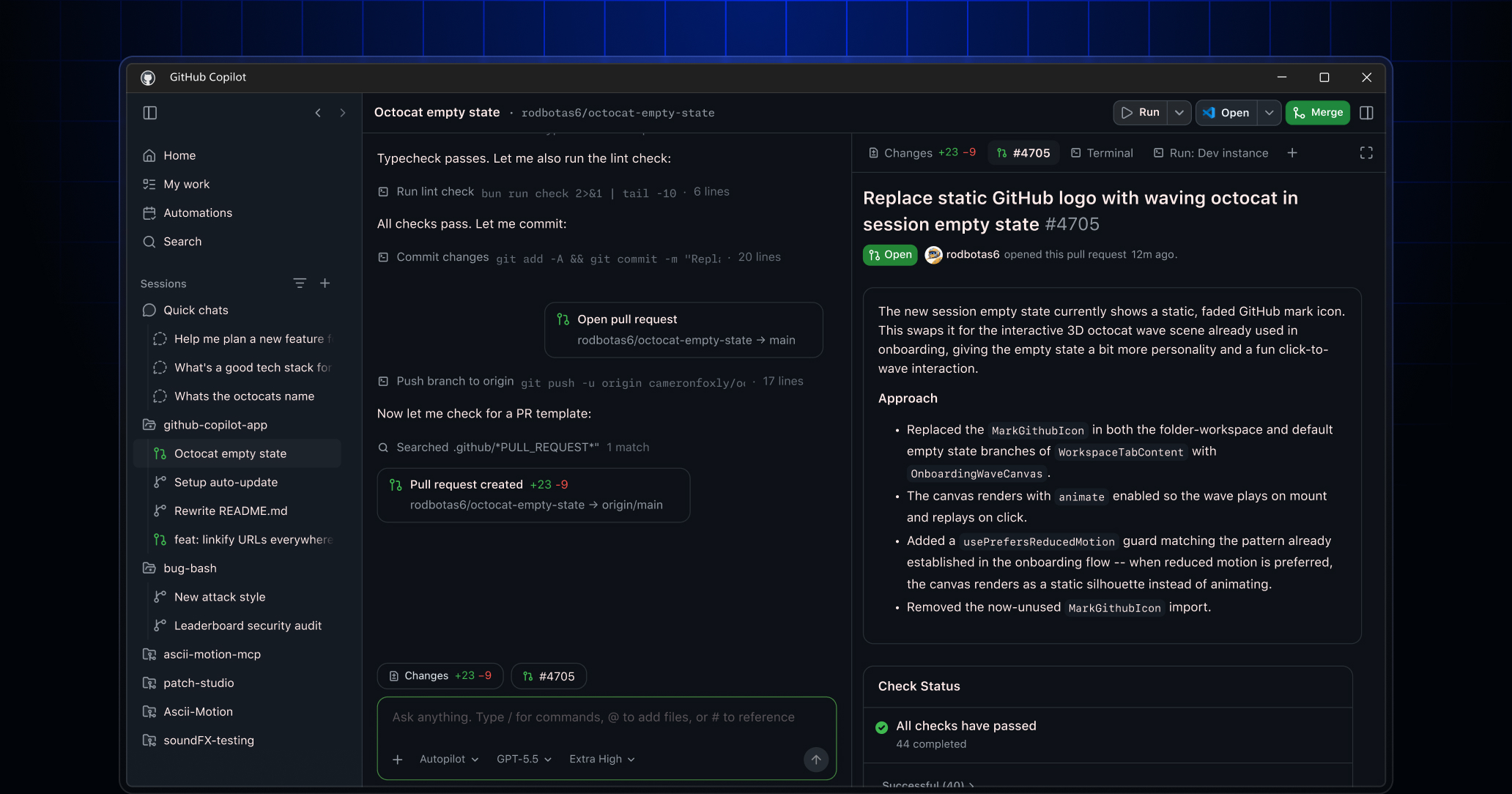 Pull request view of the GitHub Copilot App GUI