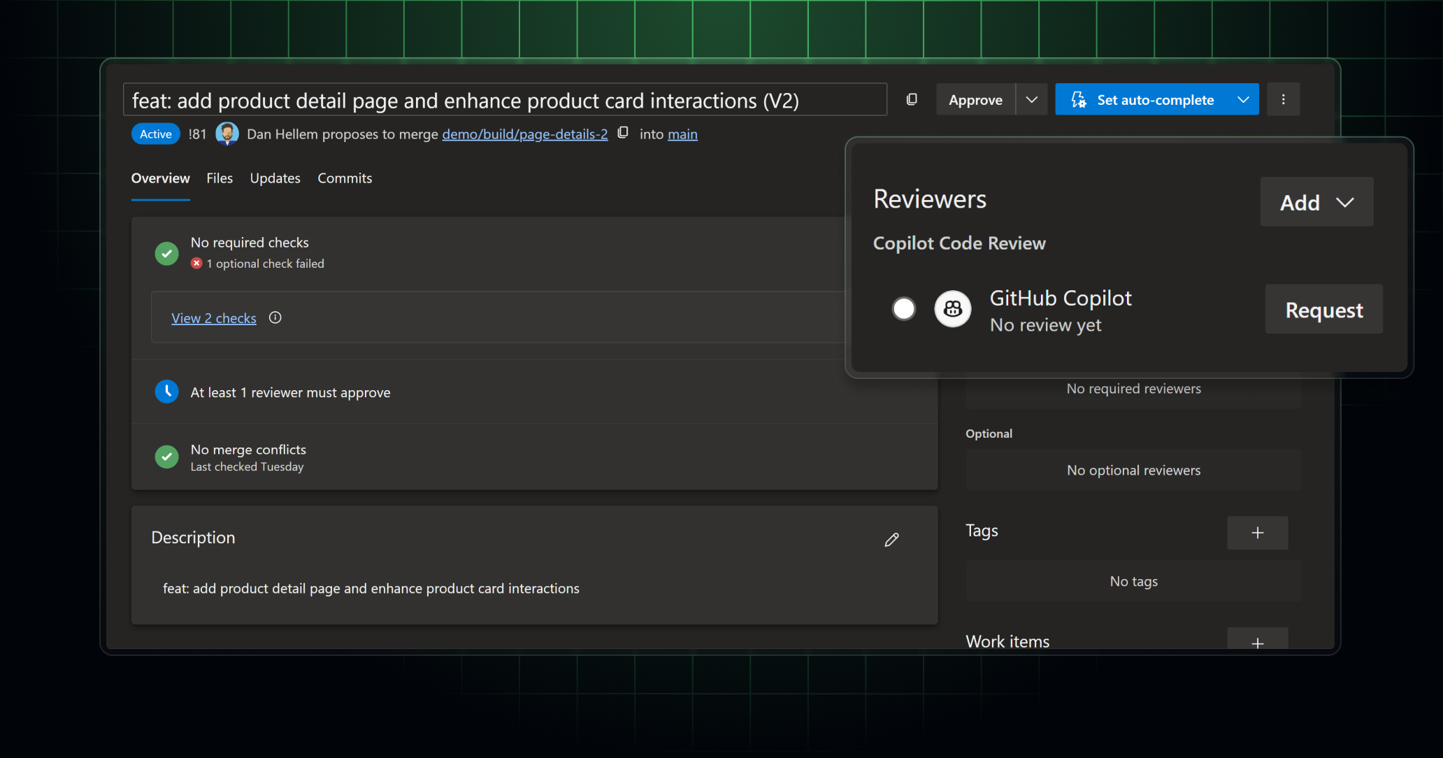 Azure Repos UI with GitHub Copilot assigned as reviewer