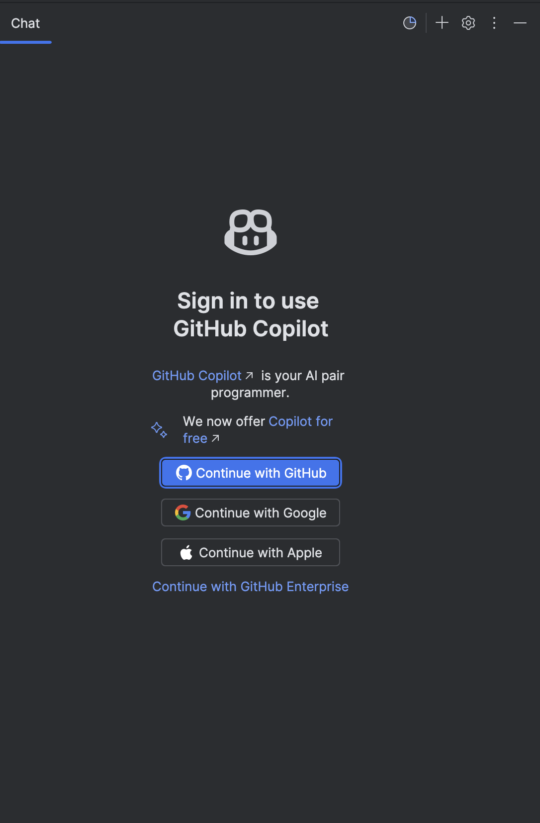 Overview of authentication panel of Copilot in JetBrains IDEs