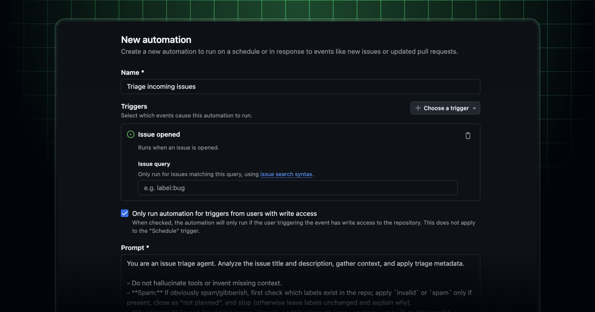 GitHub UI showing a user creating a new automation workflow