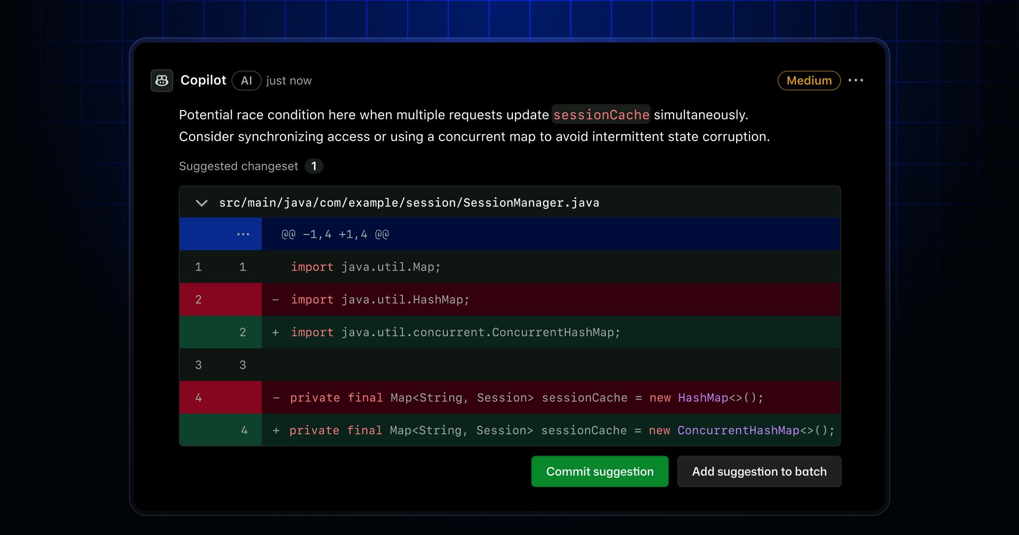 Product UI of Copilot code review flagging a race condition issue with medium review