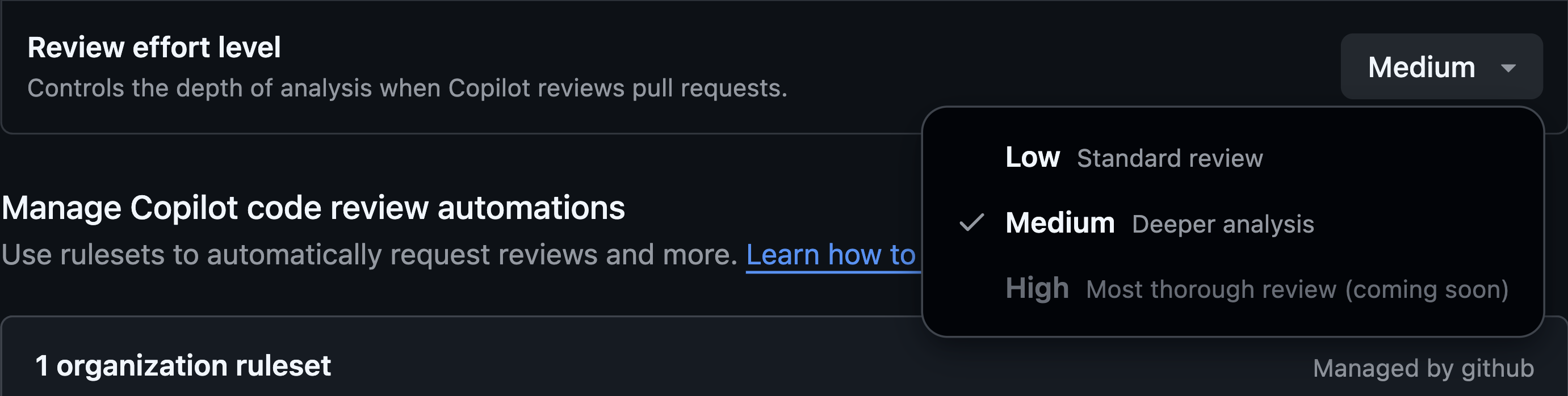 Product UI image in repo setting to show how admins set review depth options