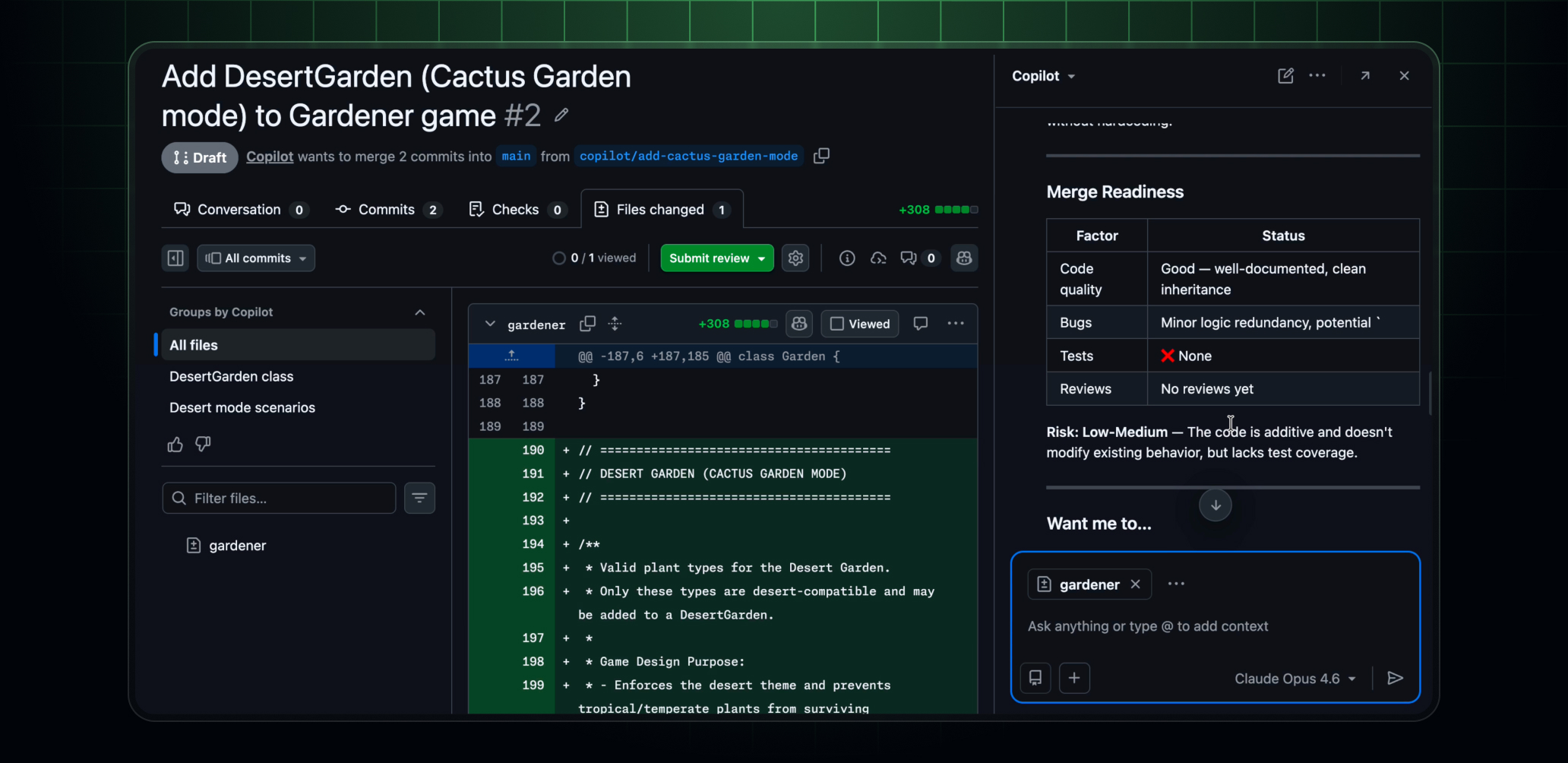 Copilot Chat panel open next to a pull request diff, showing an inline question about a code change