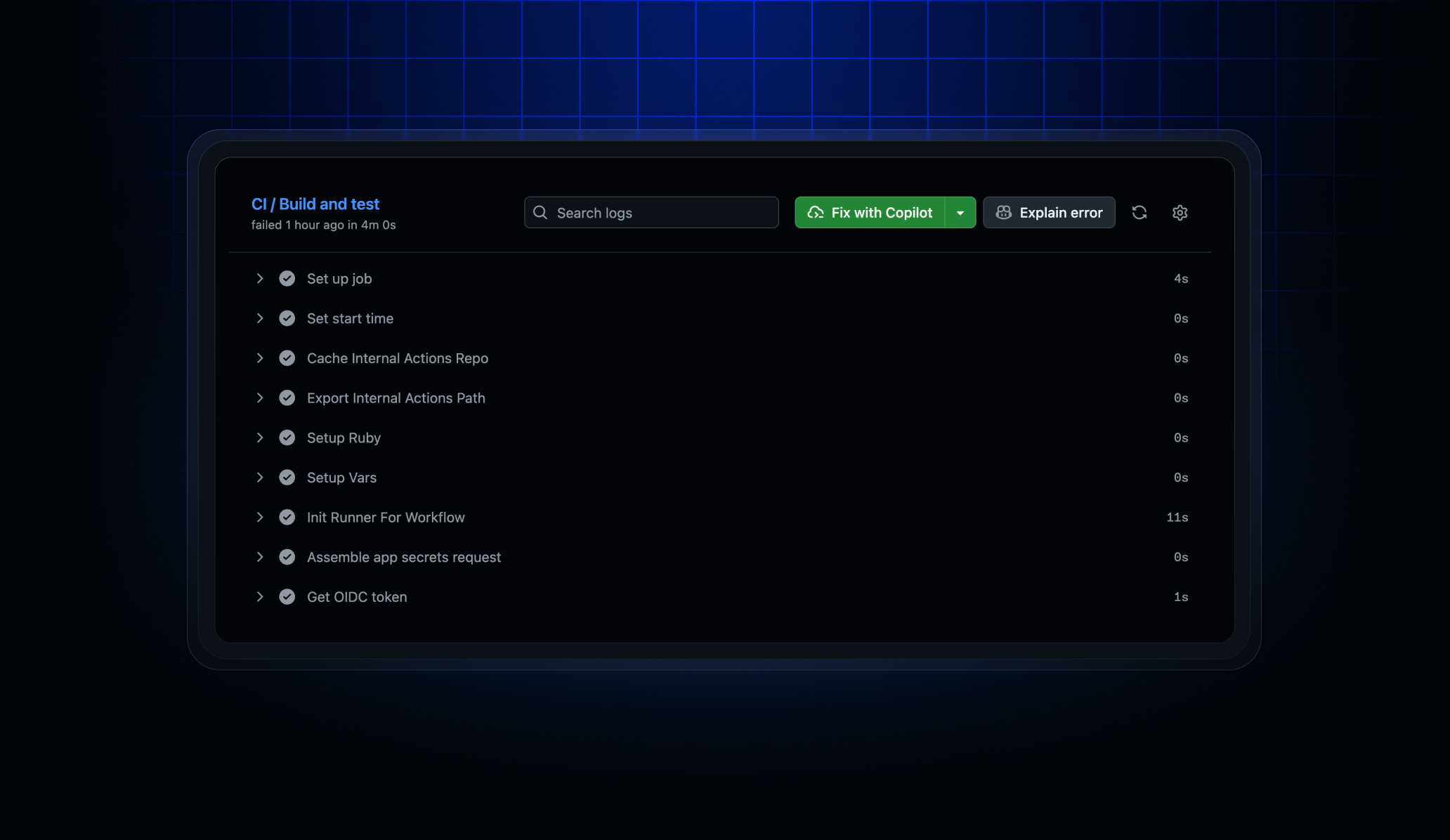 Header image with a screenshot of logs for a failing GitHub Actions job with the Fix with Copilot button
