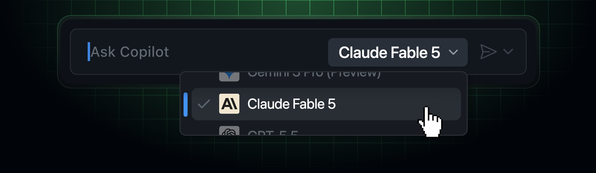 The Copilot model picker with a pull-down menu showing Claude Fable 5 selected