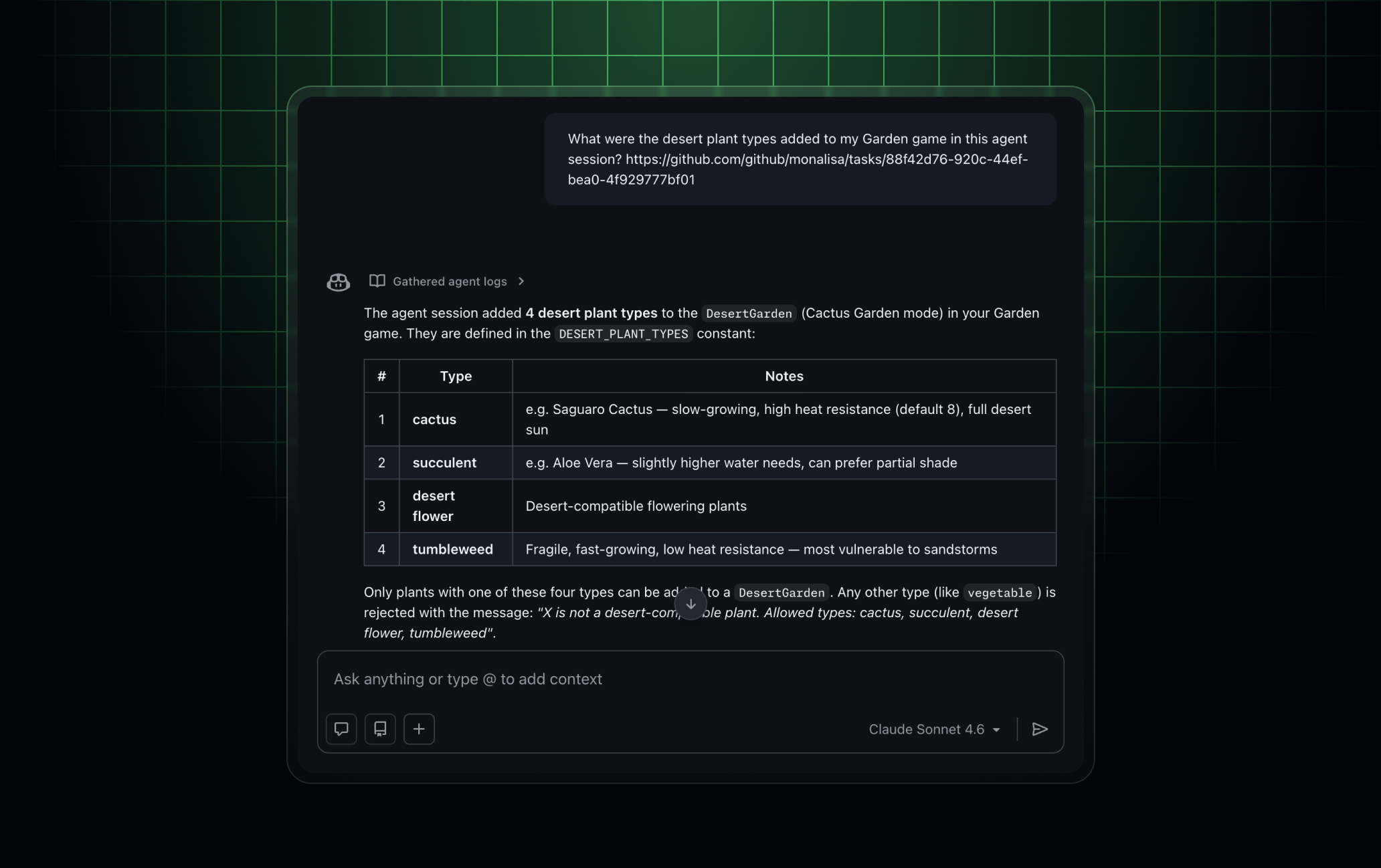 Screenshot of agent session logs being used to answer Copilot Chat query