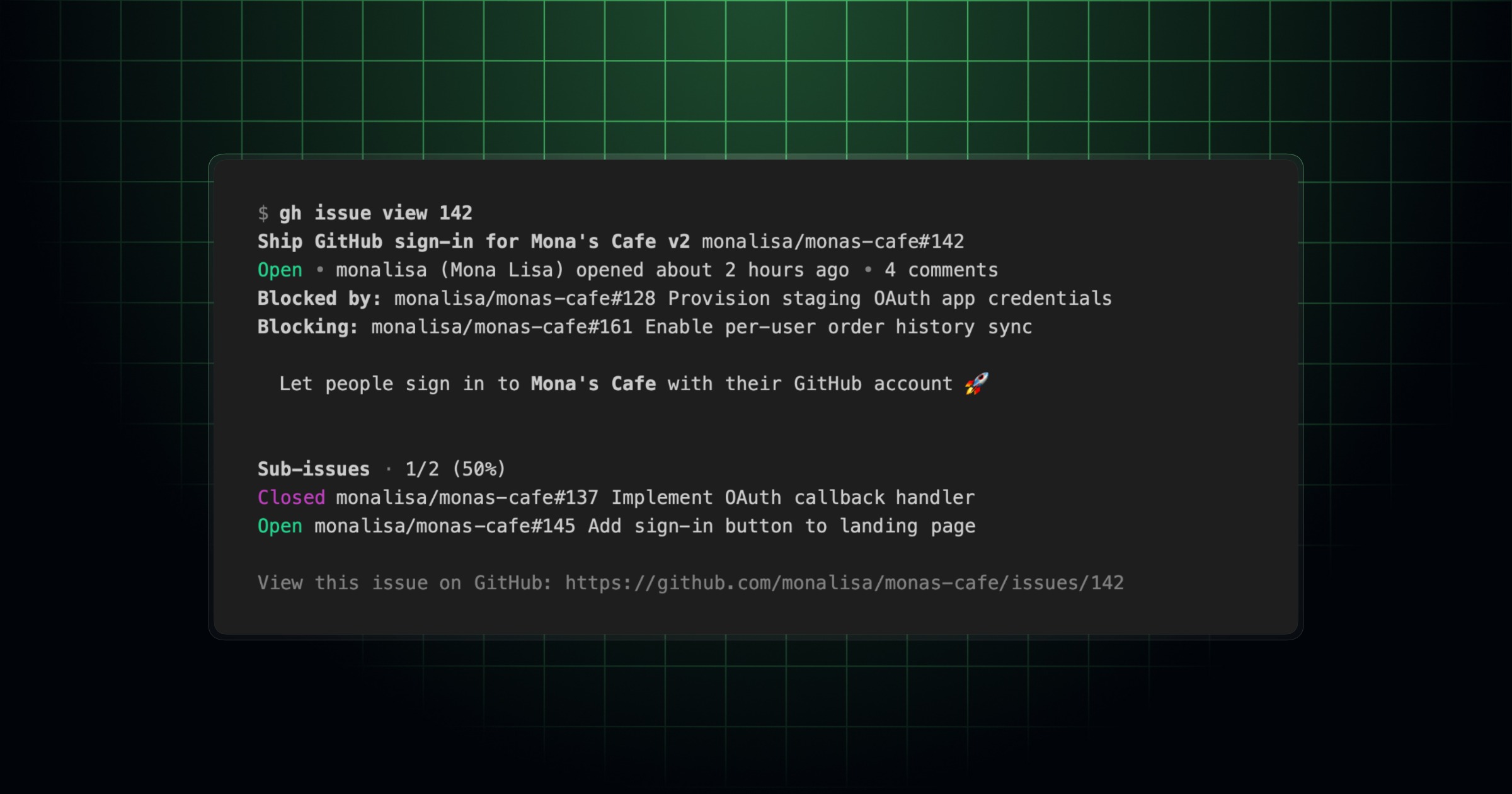 Terminal-style view of a GitHub issue showing title GitHub sign-in for Mona's Cafe with blocked by and blocking dependency messages, plus sub-issues.