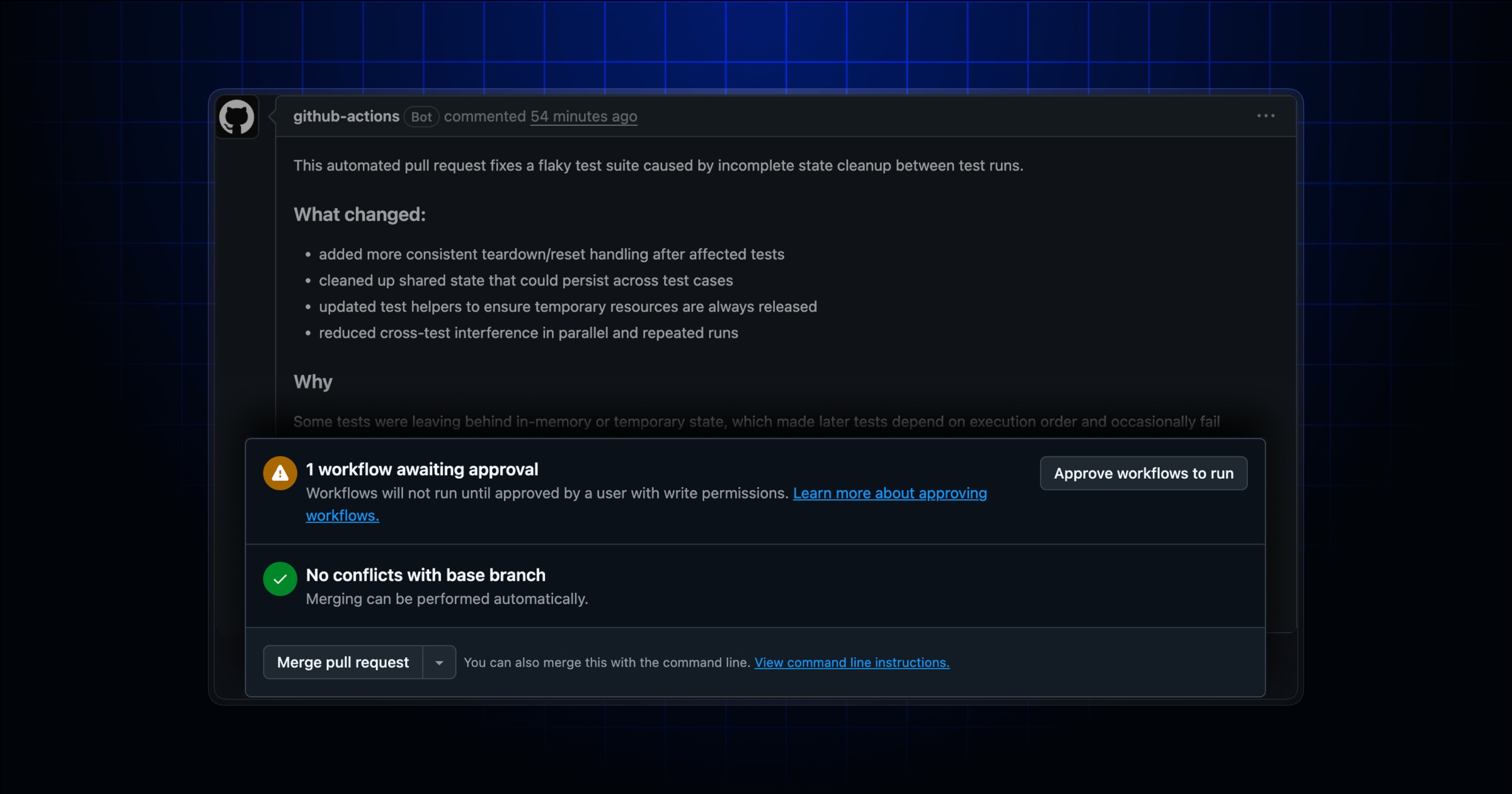 GitHub pull request created by a bot awaiting approval to run CI/CD workflows