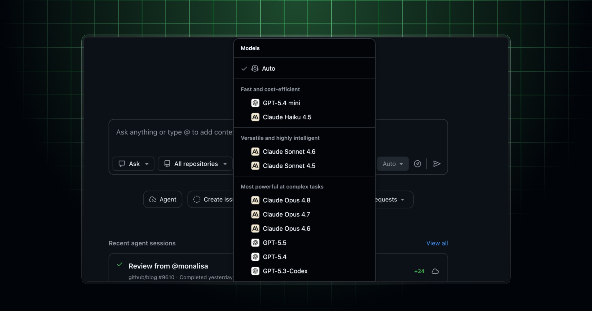 Screenshot of auto mode in the chat model picker