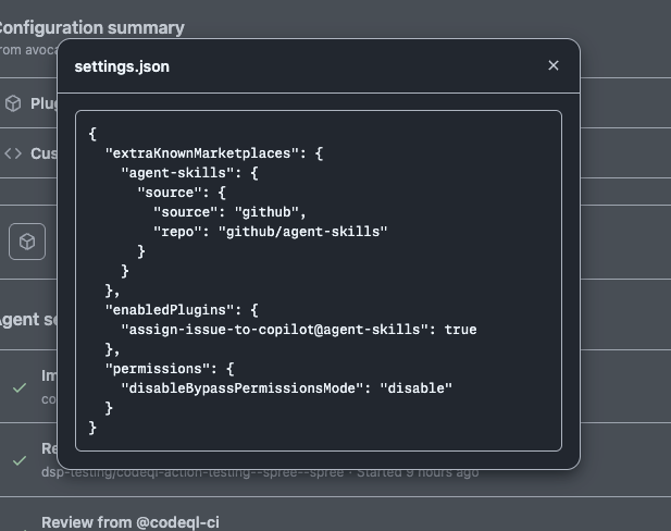 sttings.json file including an example permission definition for disableBypassPermissionsMode