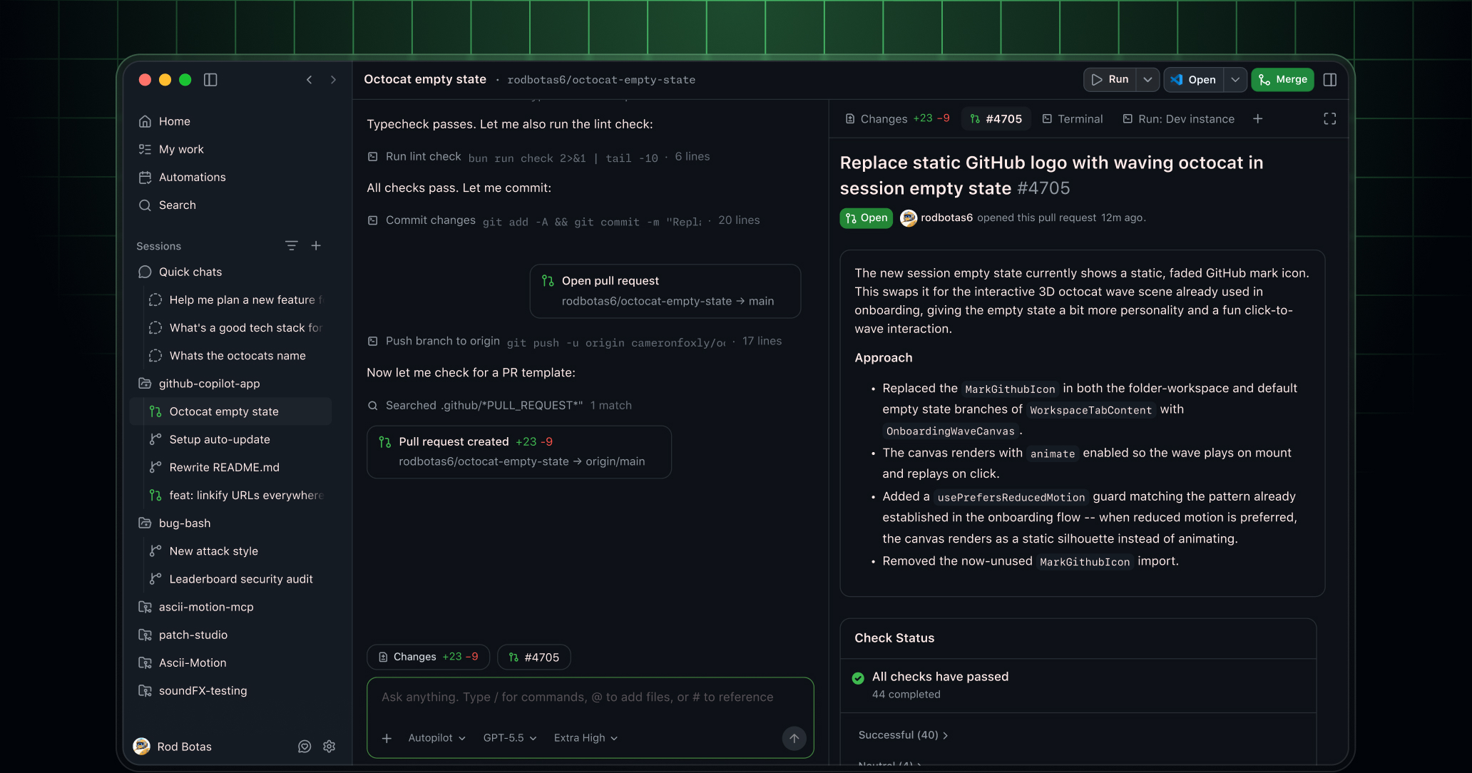 GitHub Copilot app with open pull request in view