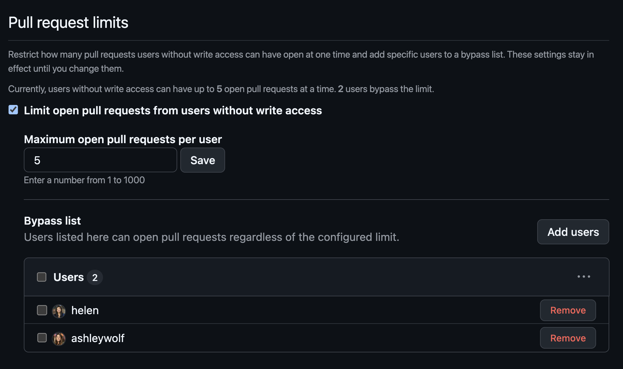 The repository settings UI for configuring a maximum number of concurrent open pull requests for users without write access