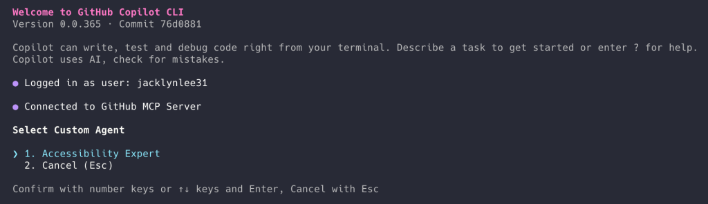 Screenshot of the GitHub Copilot CLI listing available custom agents.