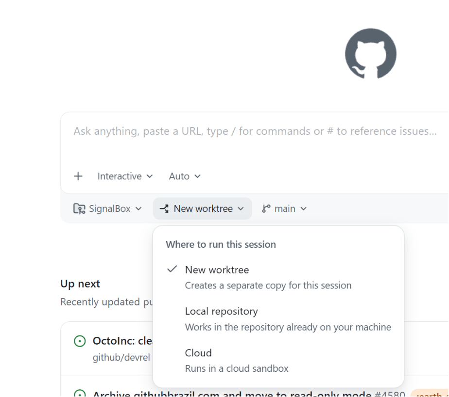 Screenshot of the 'New worktree' dropdown in the GitHub Copilot app. Options are 'New worktree', 'Local repository', or 'Cloud.'